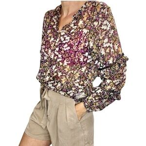 Garcia dark floral chiffon puff long sleeve split neck top S
